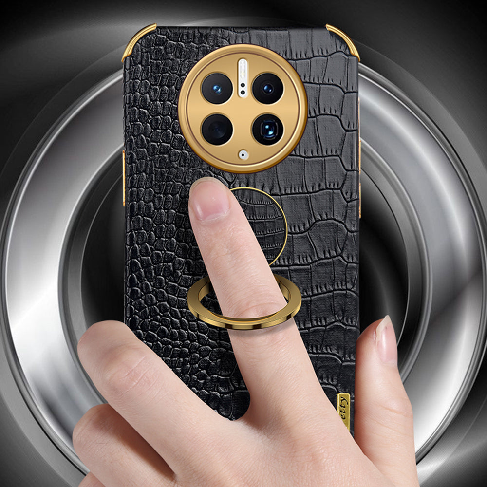 For Huawei Mate 50 Pro 4G Crocodile Texture Ring Kickstand Case 6D Electroplated Leather Coated TPU Phone Cover