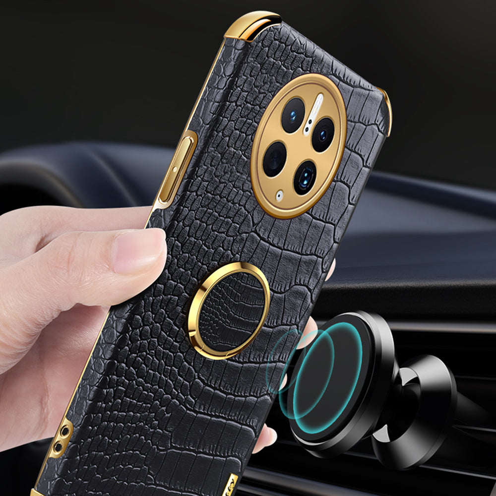 For Huawei Mate 50 Pro 4G Crocodile Texture Ring Kickstand Case 6D Electroplated Leather Coated TPU Phone Cover