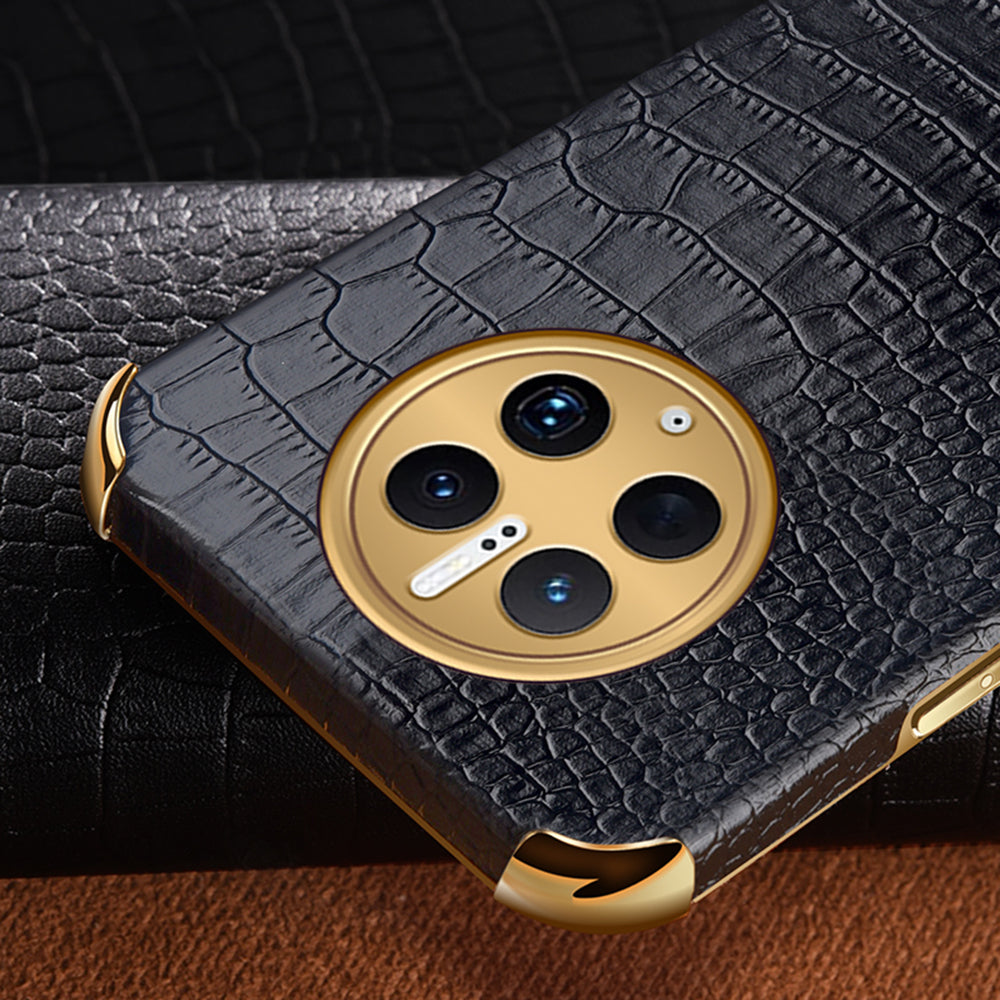 For Huawei Mate 50 Pro 4G Crocodile Texture Ring Kickstand Case 6D Electroplated Leather Coated TPU Phone Cover