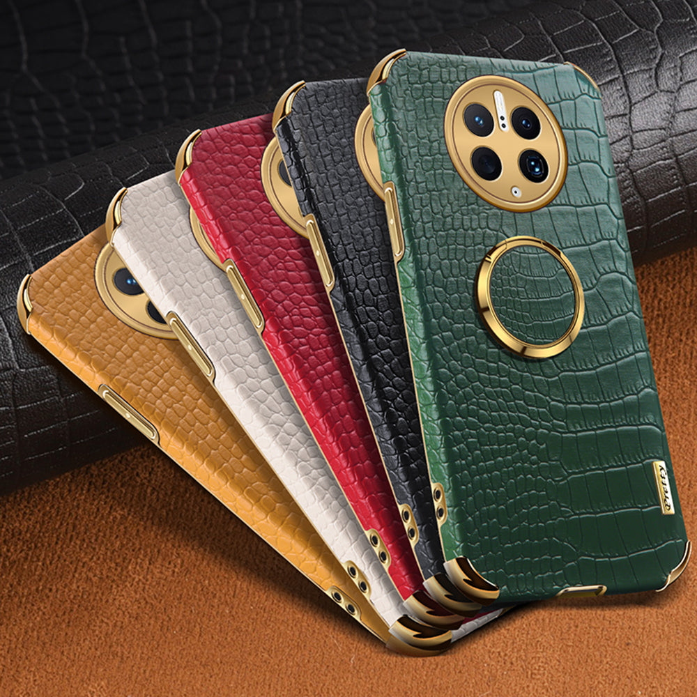 For Huawei Mate 50 Pro 4G Crocodile Texture Ring Kickstand Case 6D Electroplated Leather Coated TPU Phone Cover