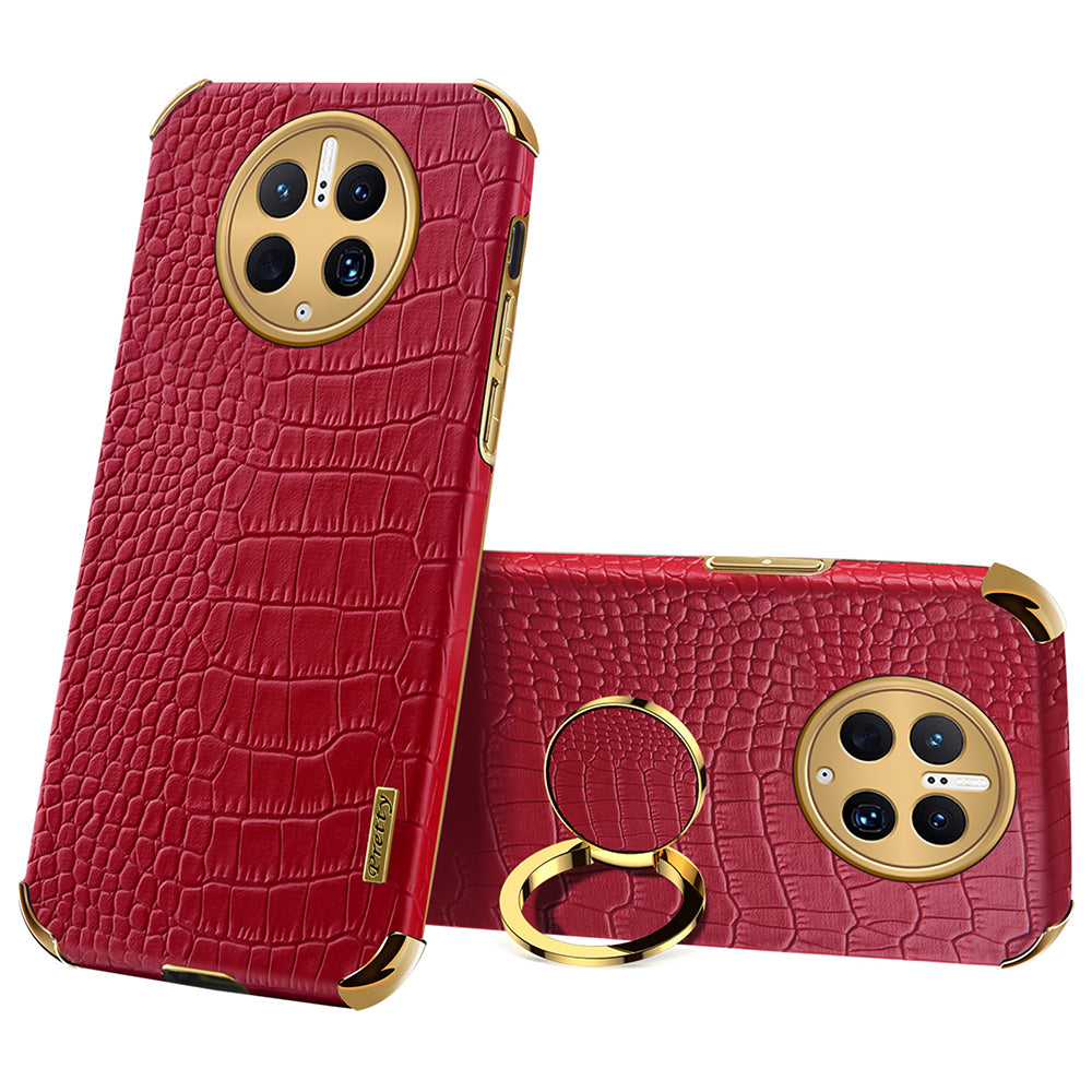 For Huawei Mate 50 Pro 4G Crocodile Texture Ring Kickstand Case 6D Electroplated Leather Coated TPU Phone Cover