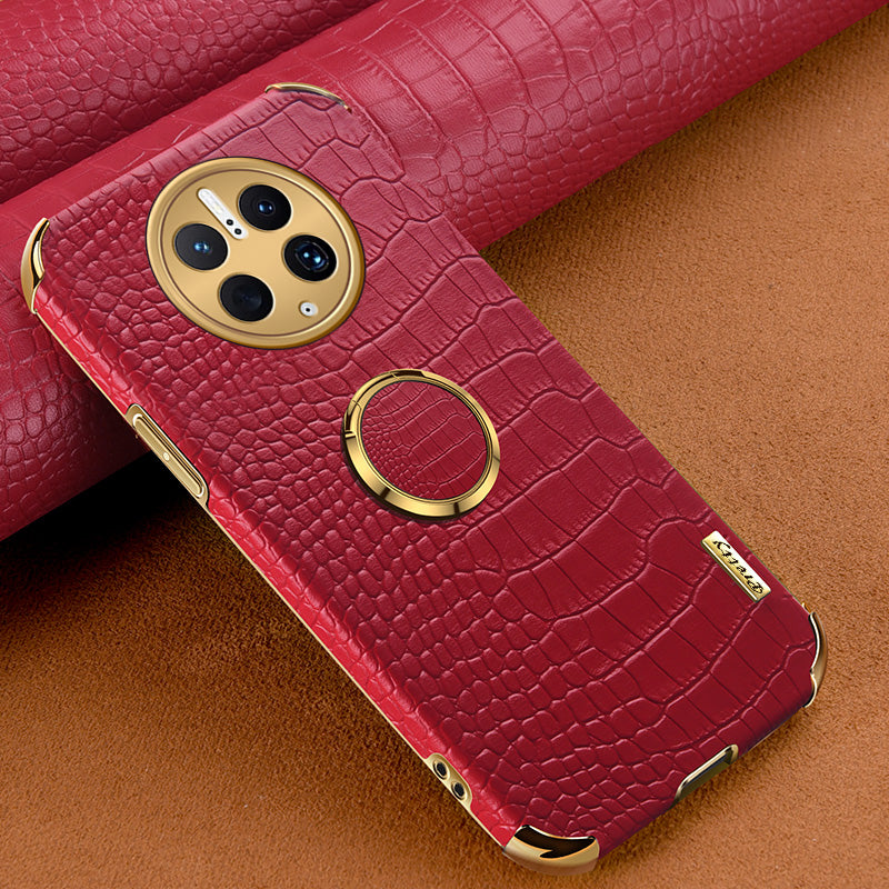 For Huawei Mate 50 Pro 4G Crocodile Texture Ring Kickstand Case 6D Electroplated Leather Coated TPU Phone Cover