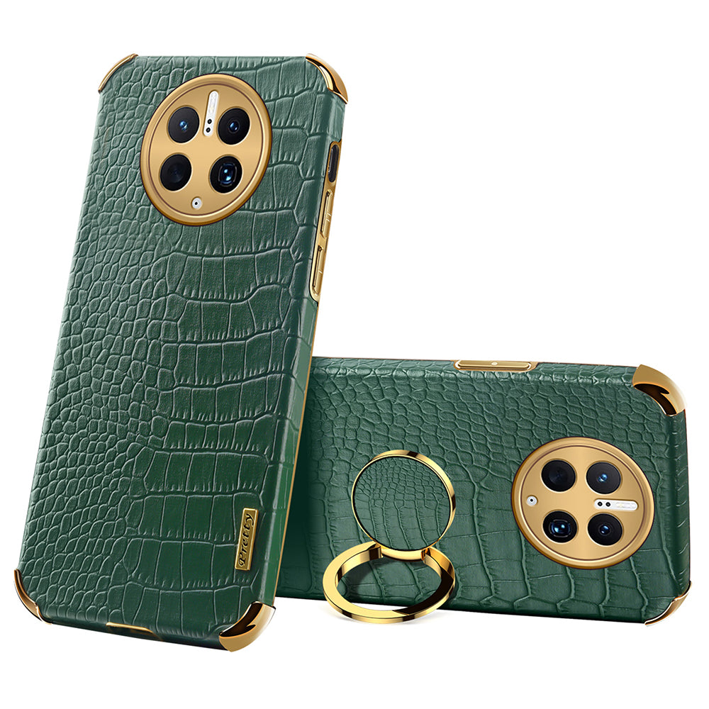 For Huawei Mate 50 Pro 4G Crocodile Texture Ring Kickstand Case 6D Electroplated Leather Coated TPU Phone Cover