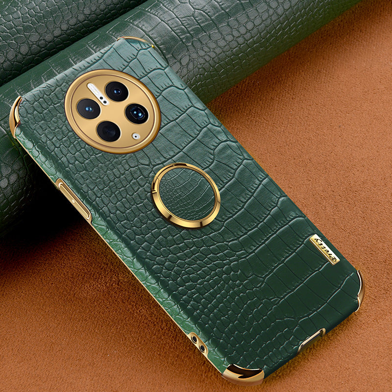 For Huawei Mate 50 Pro 4G Crocodile Texture Ring Kickstand Case 6D Electroplated Leather Coated TPU Phone Cover