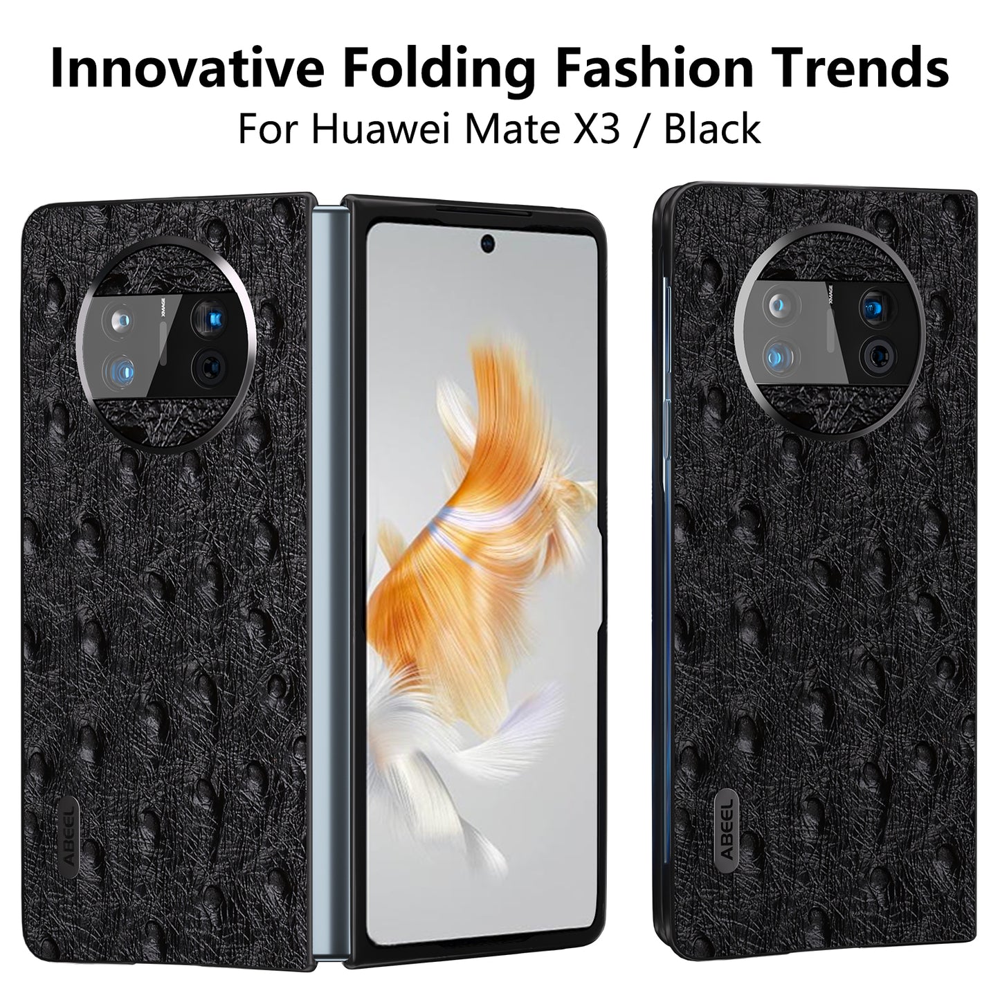For Huawei Mate X3 5G Anti-Drop Phone Case Ostrich Texture PC TPU Genuine Cow Leather Back Cover