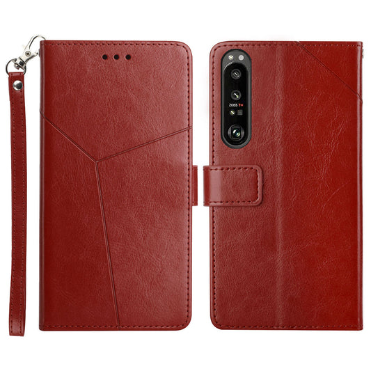 HT01 Cell Phone Cover for Sony Xperia 1 V Y-shaped Line Imprinted Stand Wallet PU Leather+TPU Cover