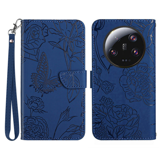 HT03 Phone Case for Xiaomi 13 Ultra PU Leather Stand Wallet Butterfly Flowers Imprinted Flip Cover with Strap