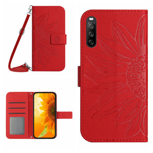 HT04 PU Leather Case for Sony Xperia 10 V , Sunflower Pattern Wallet Stand Phone Cover with Shoulder Strap