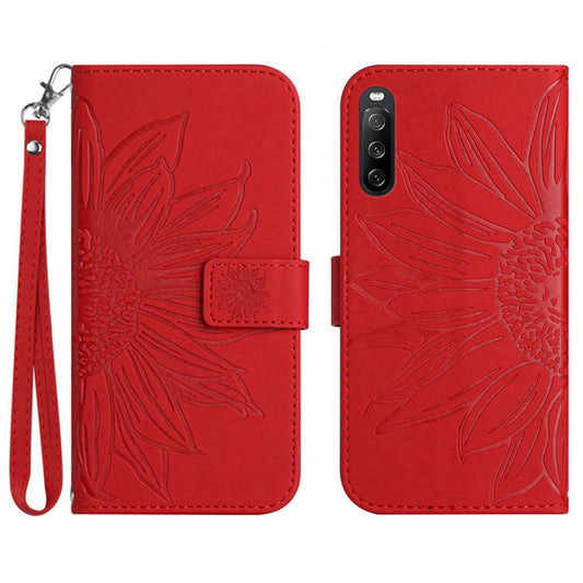 HT04 For Sony Xperia 10 V Sunflower Imprinted Phone Cover Leather Stand Wallet Case with Hand Strap