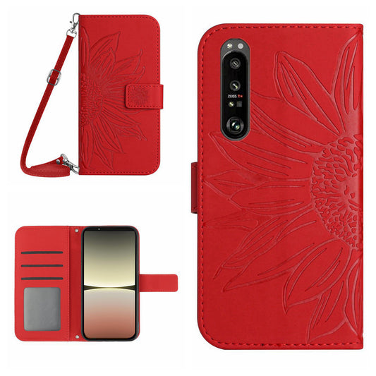 HT04 For Sony Xperia 1 V Sunflower Pattern Phone Case PU Leather Stand Wallet Cover with Shoulder Strap