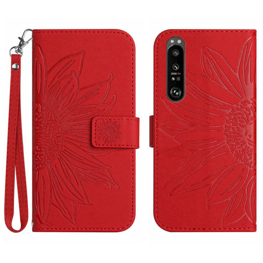 HT04 For Sony Xperia 1 V PU Leather Stand Phone Case Sunflower Pattern Wallet Shell with Hand Strap