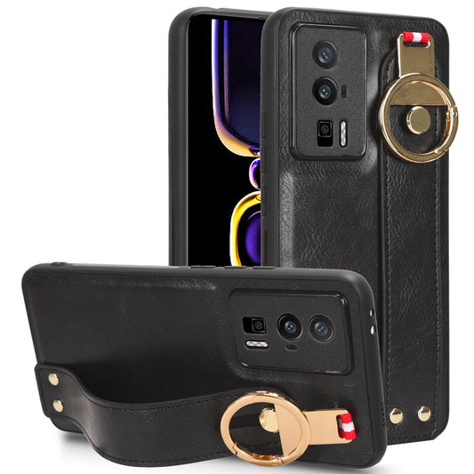 Wristband Kickstand Phone Cover for Xiaomi Poco F5 Pro 5G / Redmi K60 Pro 5G / K60 5G , Leather Coated PC+TPU Case with Neck Strap