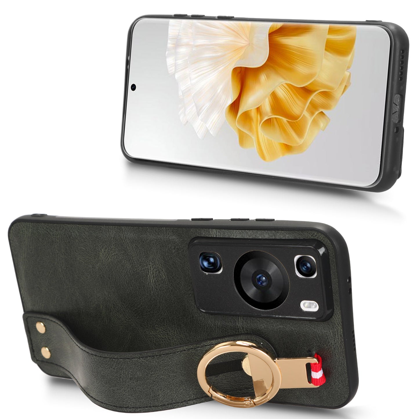 For Huawei P60 / P60 Pro Phone Cover Wristband Kickstand PU Leather Coated PC+TPU Case with Neck Strap