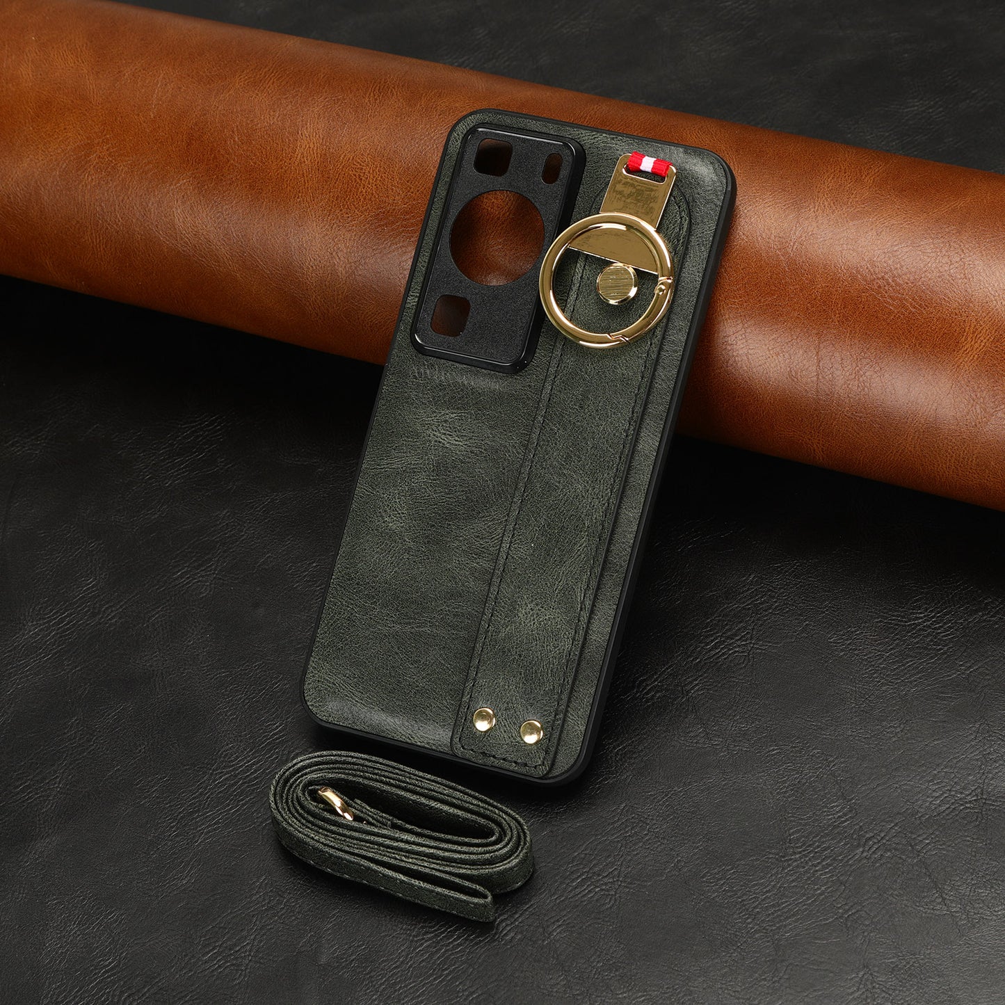 For Huawei P60 / P60 Pro Phone Cover Wristband Kickstand PU Leather Coated PC+TPU Case with Neck Strap