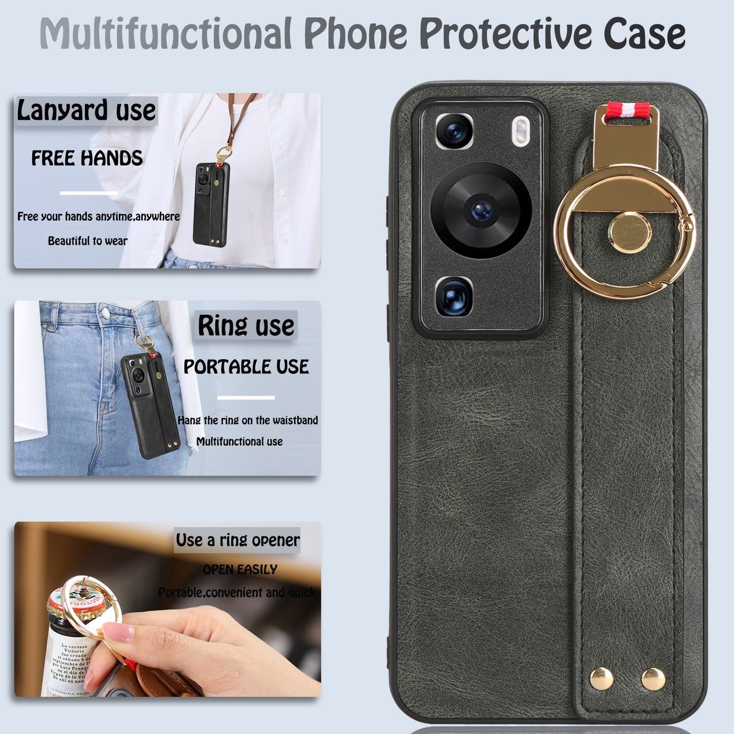 For Huawei P60 / P60 Pro Phone Cover Wristband Kickstand PU Leather Coated PC+TPU Case with Neck Strap