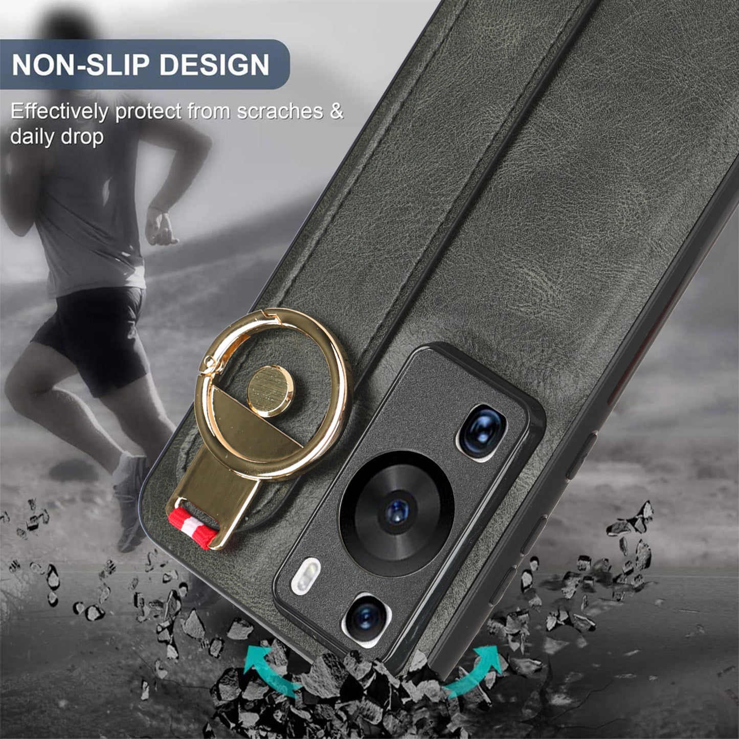 For Huawei P60 / P60 Pro Phone Cover Wristband Kickstand PU Leather Coated PC+TPU Case with Neck Strap