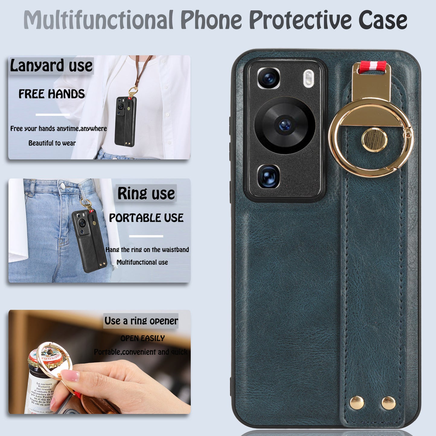 For Huawei P60 / P60 Pro Phone Cover Wristband Kickstand PU Leather Coated PC+TPU Case with Neck Strap