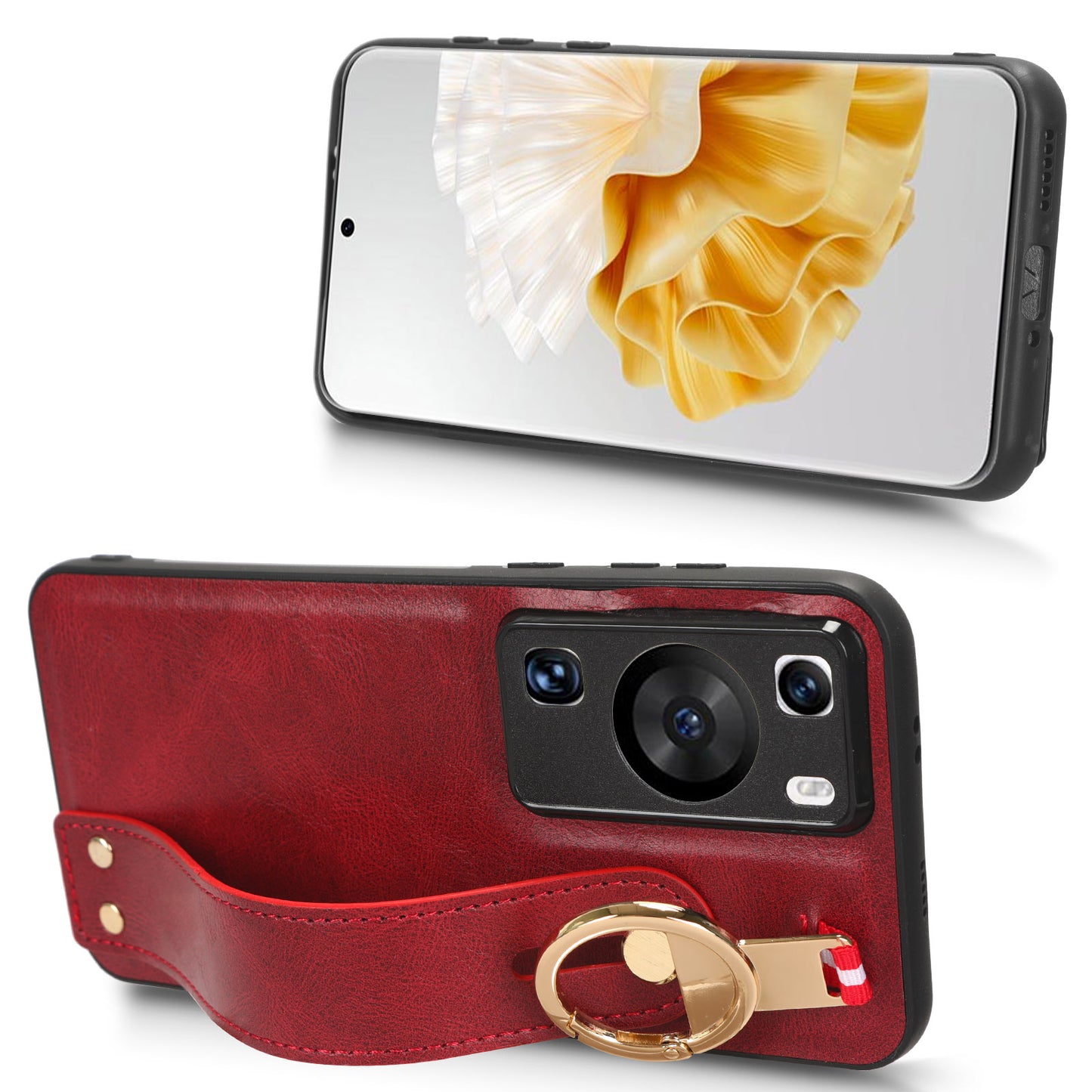 For Huawei P60 / P60 Pro Phone Cover Wristband Kickstand PU Leather Coated PC+TPU Case with Neck Strap