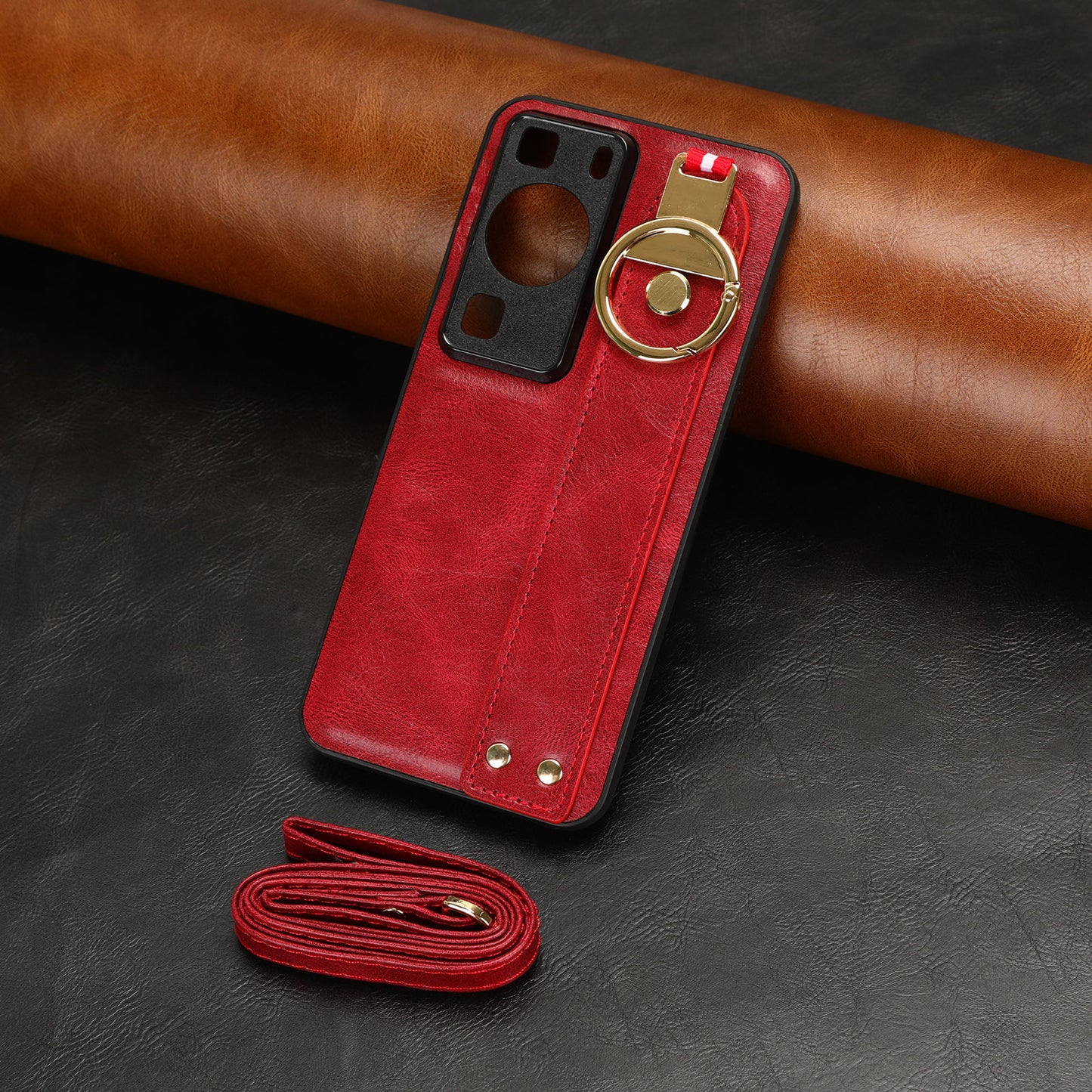 For Huawei P60 / P60 Pro Phone Cover Wristband Kickstand PU Leather Coated PC+TPU Case with Neck Strap