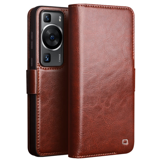 QIALINO For Huawei P60 Genuine Cow Leather Wallet Phone Case Stand Shockproof Folio Cover