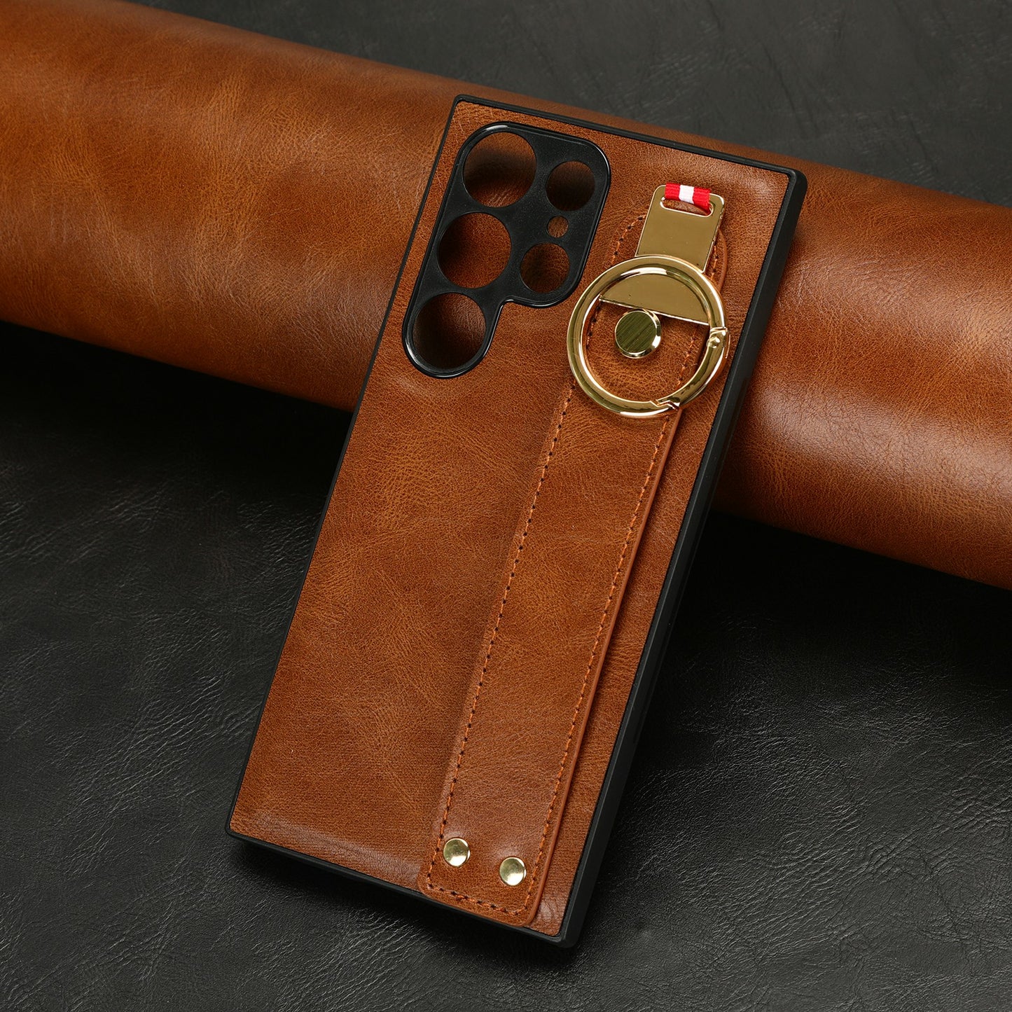 For Samsung Galaxy S23 Ultra Wristband Kickstand Leather Coating Phone Cover PC+TPU Case with Neck Strap