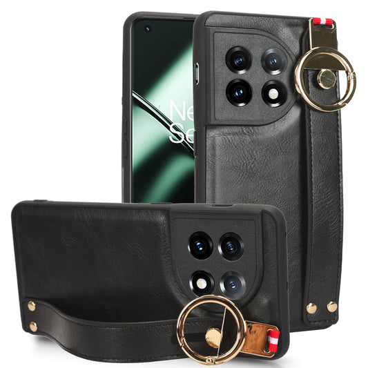 Wristband Kickstand Phone Cover for OnePlus 11 5G , Leather Coated PC+TPU Case with Neck Strap
