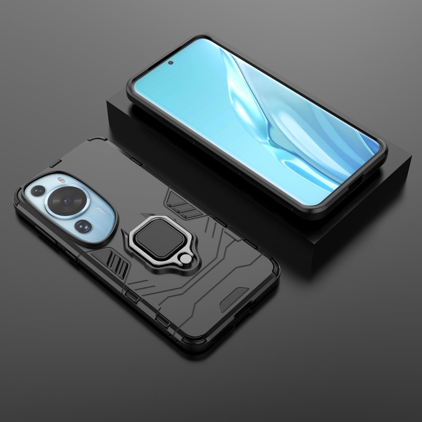 For Huawei P60 Art Rotating Ring Kickstand Phone Case TPU+PC Hybrid Dual Layer Defender Cover