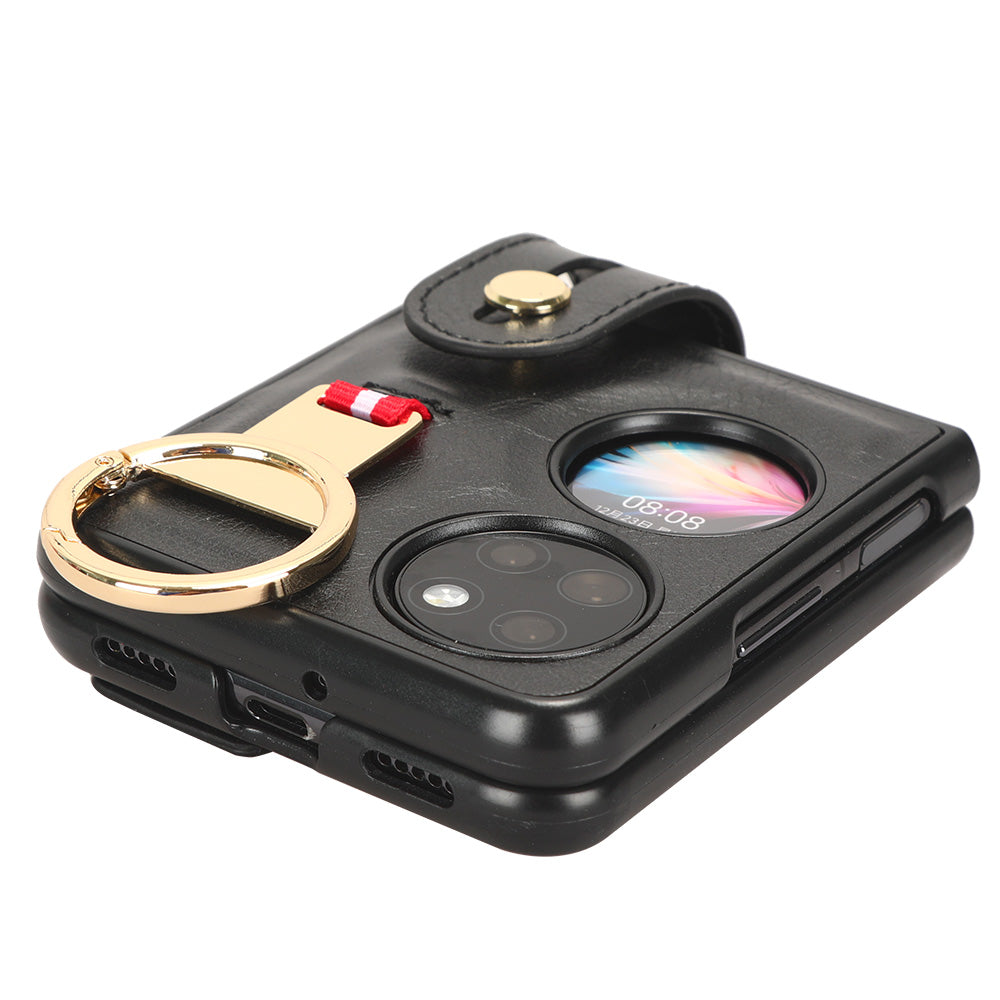 For Huawei P50 Pocket Leather Coating Phone Cover PC+TPU Case with Wristband Kickstand and Neck Strap