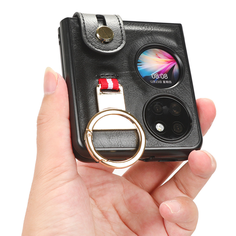 For Huawei P50 Pocket Leather Coating Phone Cover PC+TPU Case with Wristband Kickstand and Neck Strap