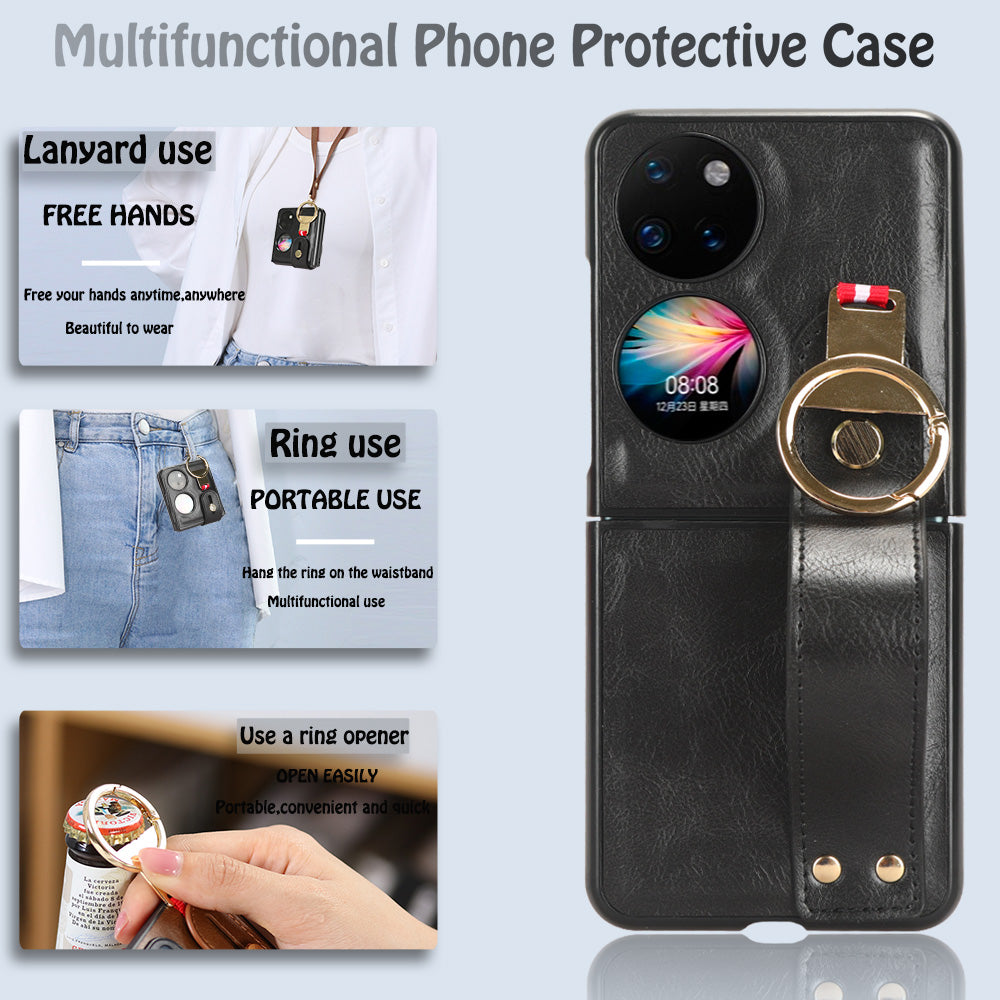 For Huawei P50 Pocket Leather Coating Phone Cover PC+TPU Case with Wristband Kickstand and Neck Strap