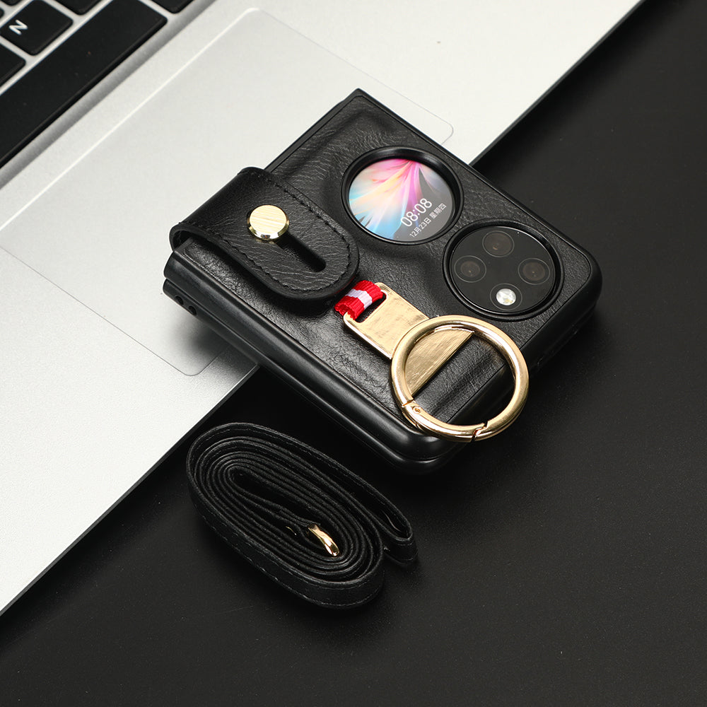 For Huawei P50 Pocket Leather Coating Phone Cover PC+TPU Case with Wristband Kickstand and Neck Strap