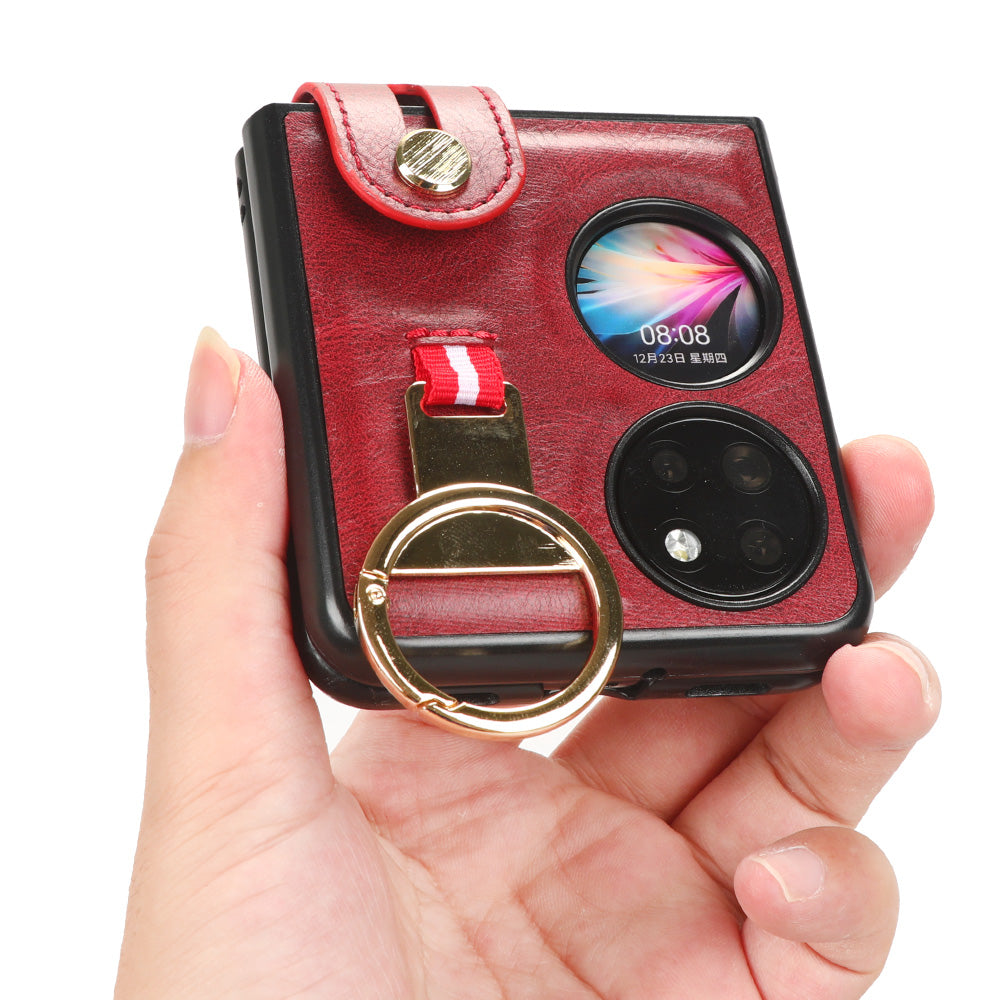 For Huawei P50 Pocket Leather Coating Phone Cover PC+TPU Case with Wristband Kickstand and Neck Strap