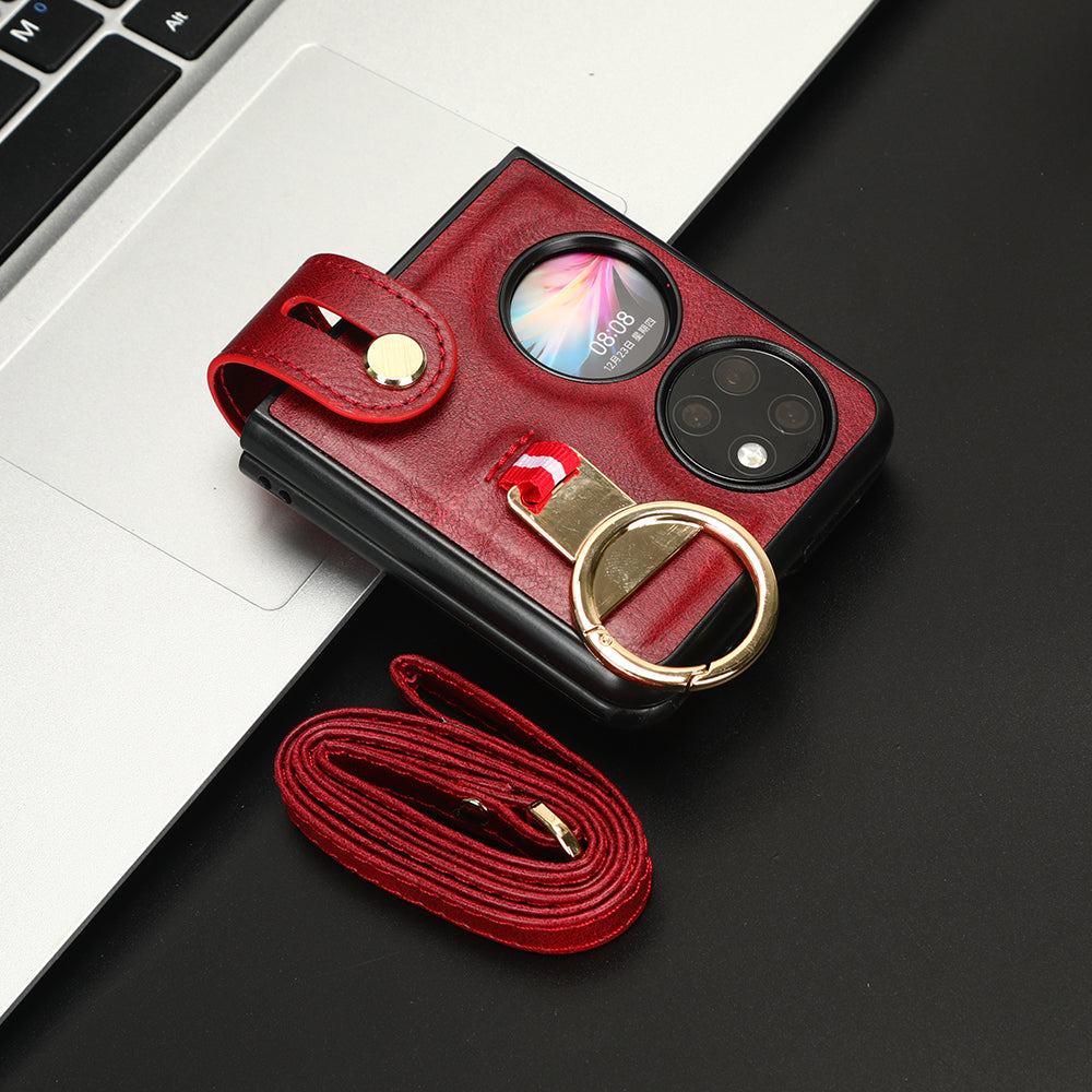 For Huawei P50 Pocket Leather Coating Phone Cover PC+TPU Case with Wristband Kickstand and Neck Strap