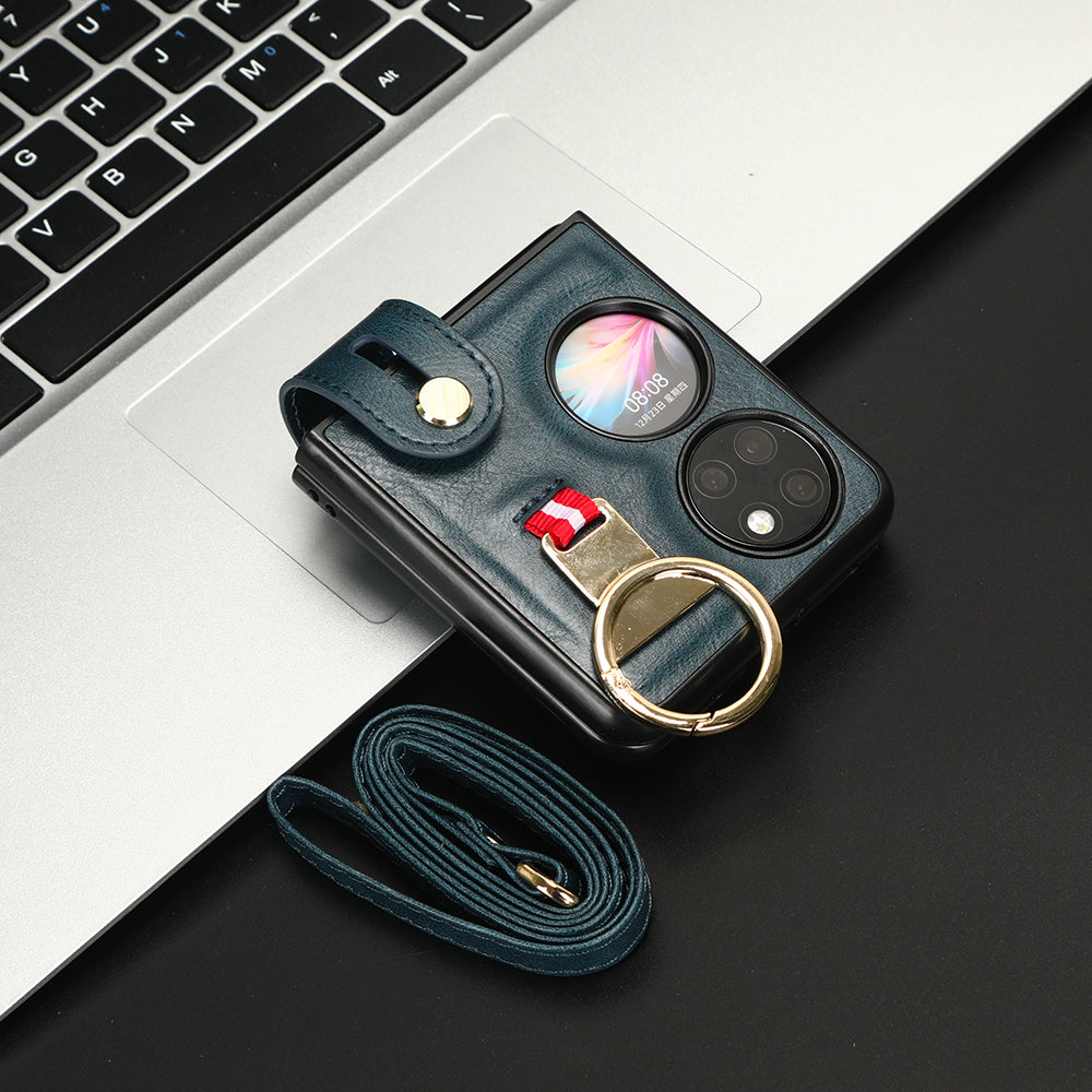For Huawei P50 Pocket Leather Coating Phone Cover PC+TPU Case with Wristband Kickstand and Neck Strap