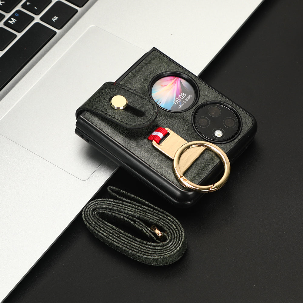 For Huawei P50 Pocket Leather Coating Phone Cover PC+TPU Case with Wristband Kickstand and Neck Strap