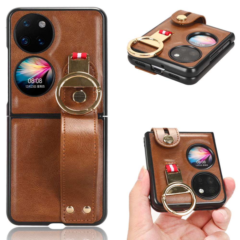 For Huawei P50 Pocket Leather Coating Phone Cover PC+TPU Case with Wristband Kickstand and Neck Strap