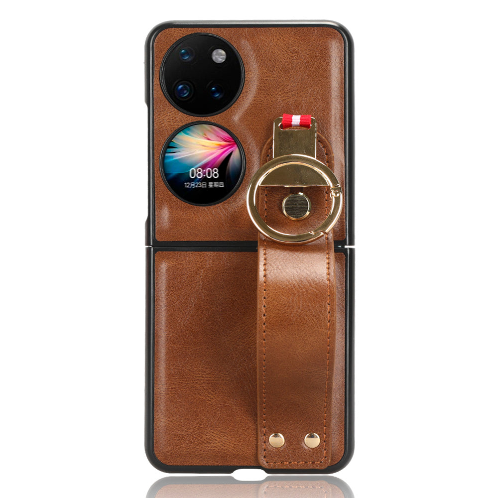 For Huawei P50 Pocket Leather Coating Phone Cover PC+TPU Case with Wristband Kickstand and Neck Strap