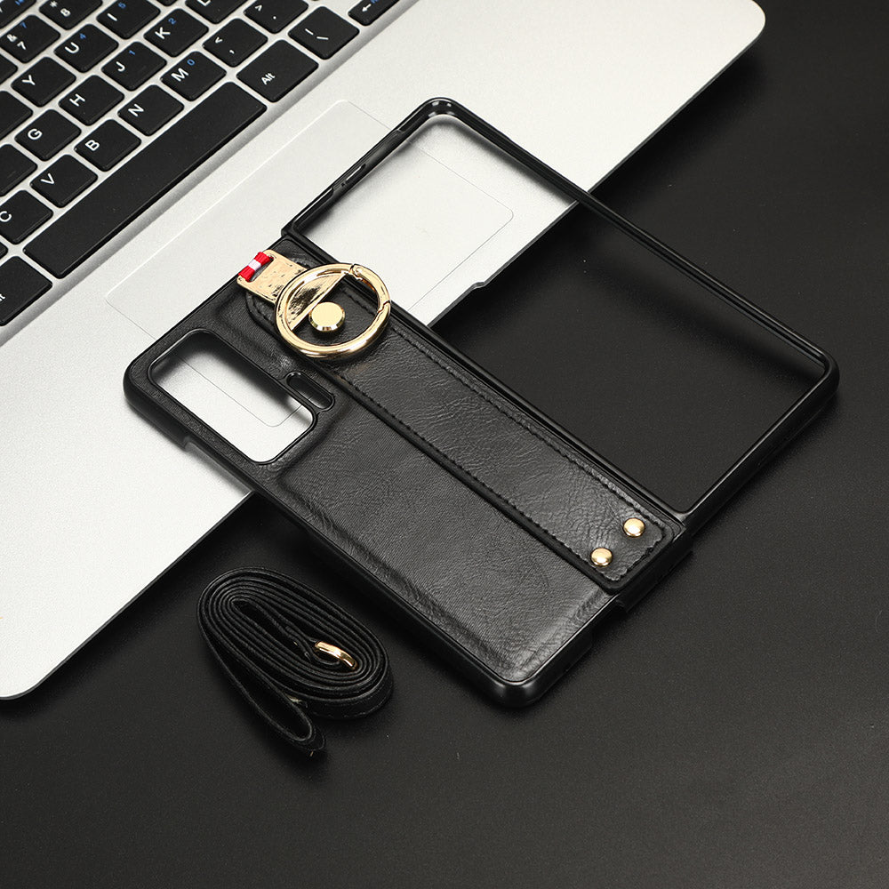 For Honor Magic V Wristband Phone Cover Leather Coating PC+TPU Case with Neck Strap