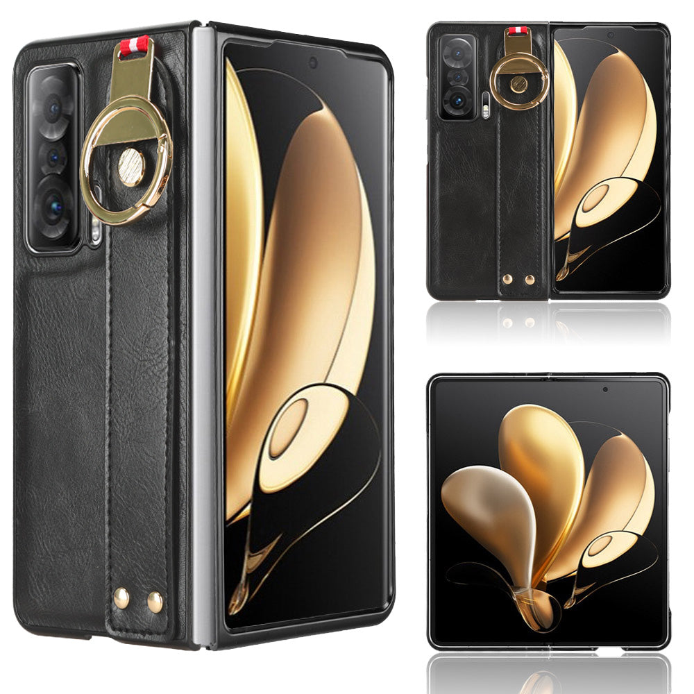For Honor Magic V Wristband Phone Cover Leather Coating PC+TPU Case with Neck Strap