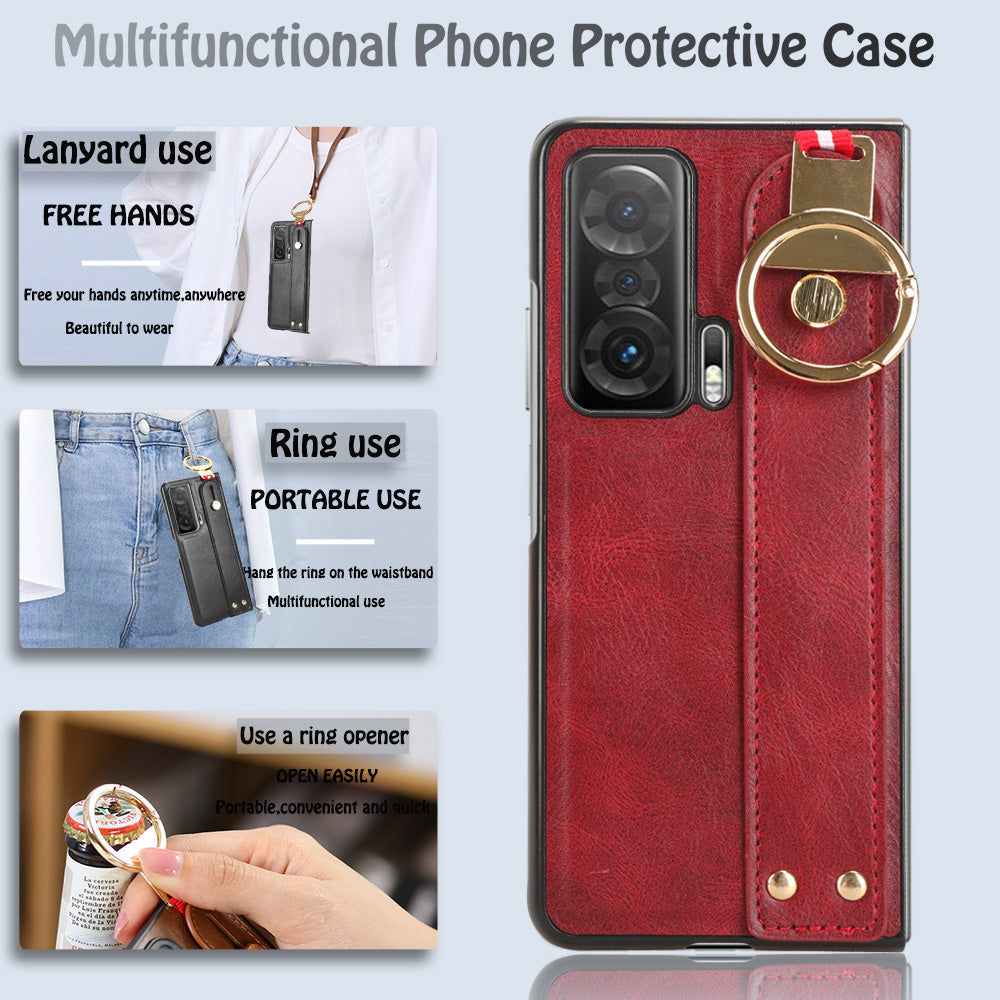 For Honor Magic V Wristband Phone Cover Leather Coating PC+TPU Case with Neck Strap
