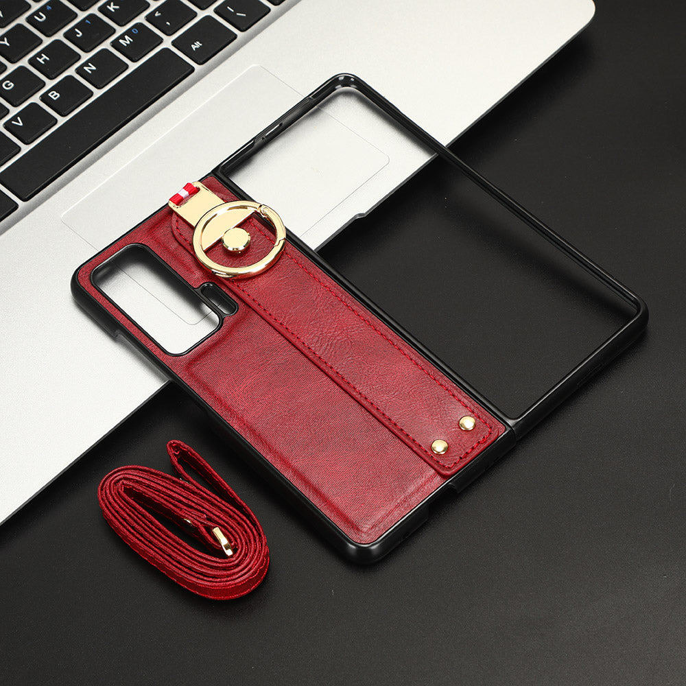 For Honor Magic V Wristband Phone Cover Leather Coating PC+TPU Case with Neck Strap