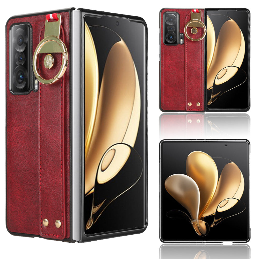 For Honor Magic V Wristband Phone Cover Leather Coating PC+TPU Case with Neck Strap