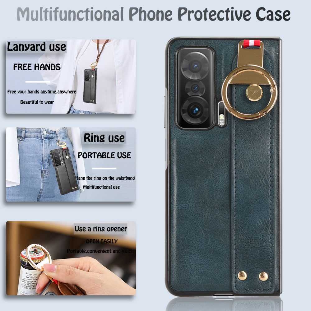 For Honor Magic V Wristband Phone Cover Leather Coating PC+TPU Case with Neck Strap