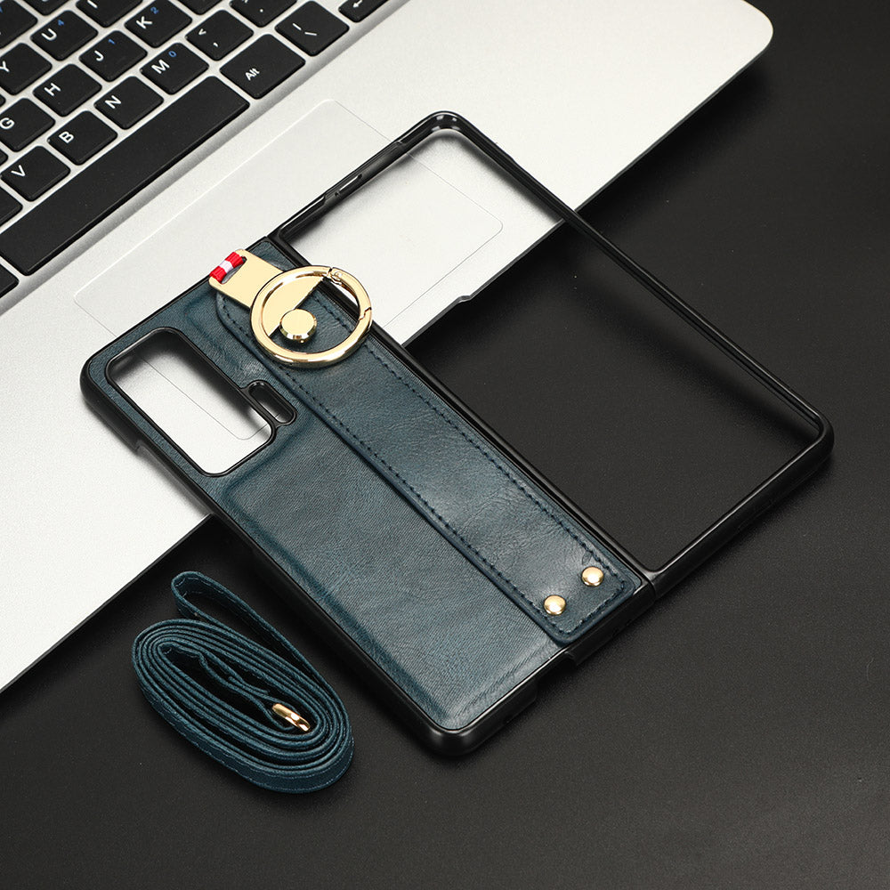 For Honor Magic V Wristband Phone Cover Leather Coating PC+TPU Case with Neck Strap