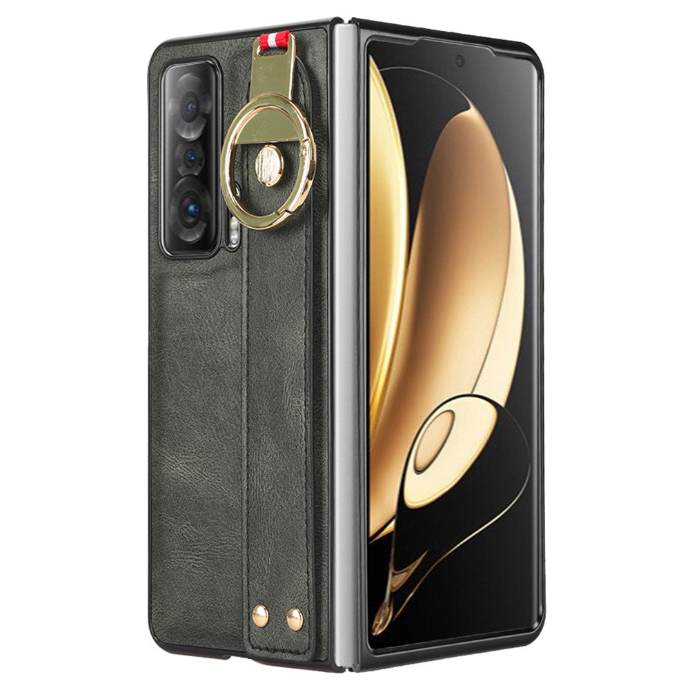 For Honor Magic V Wristband Phone Cover Leather Coating PC+TPU Case with Neck Strap