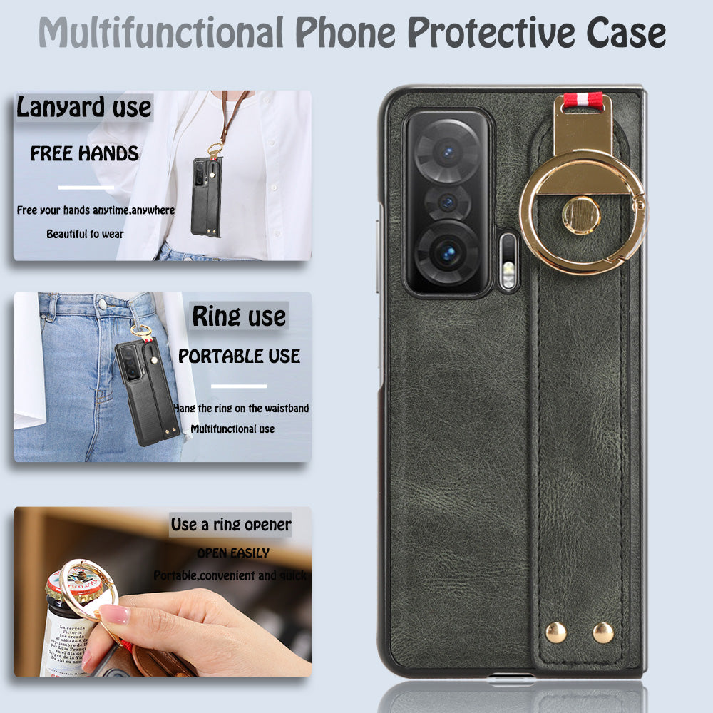 For Honor Magic V Wristband Phone Cover Leather Coating PC+TPU Case with Neck Strap