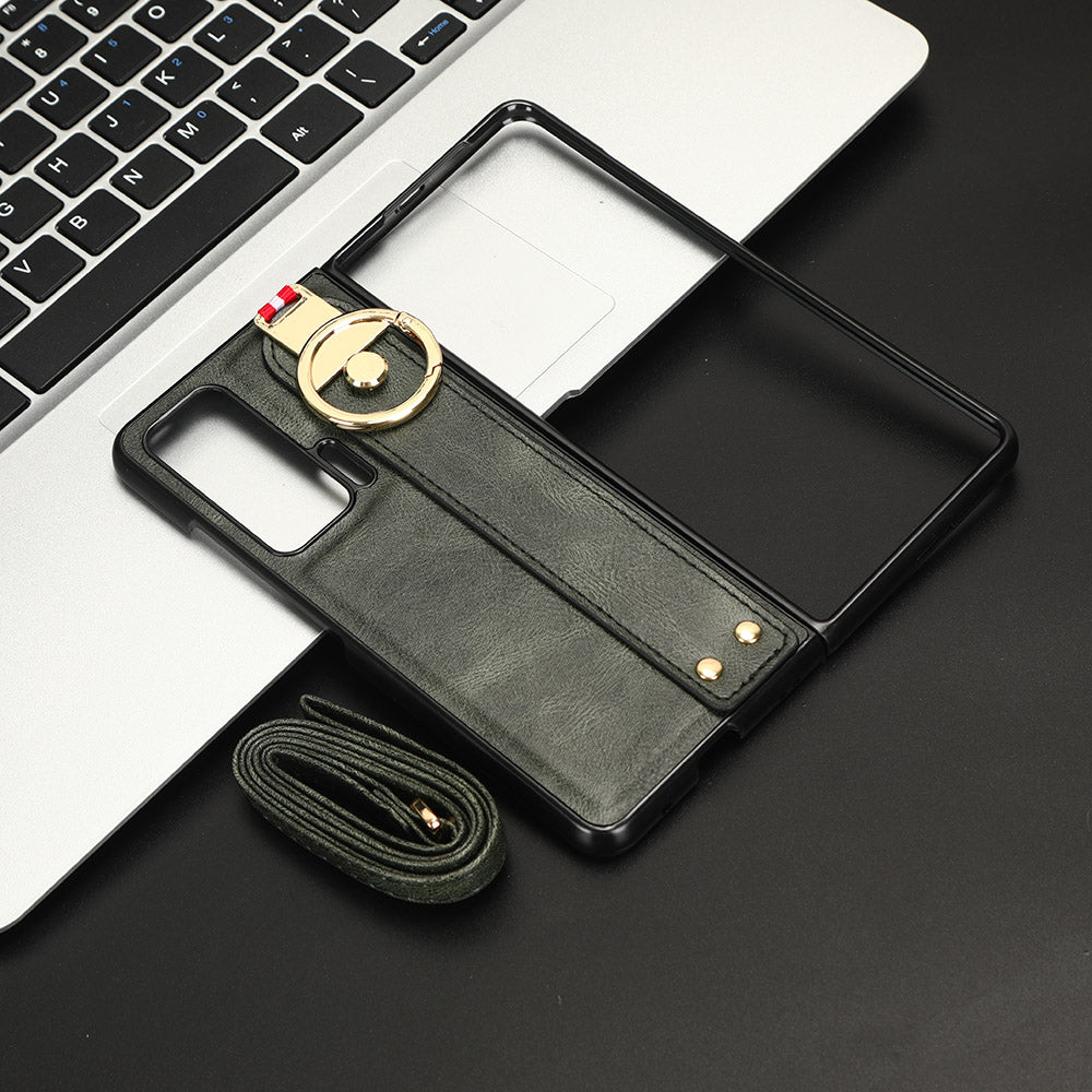 For Honor Magic V Wristband Phone Cover Leather Coating PC+TPU Case with Neck Strap