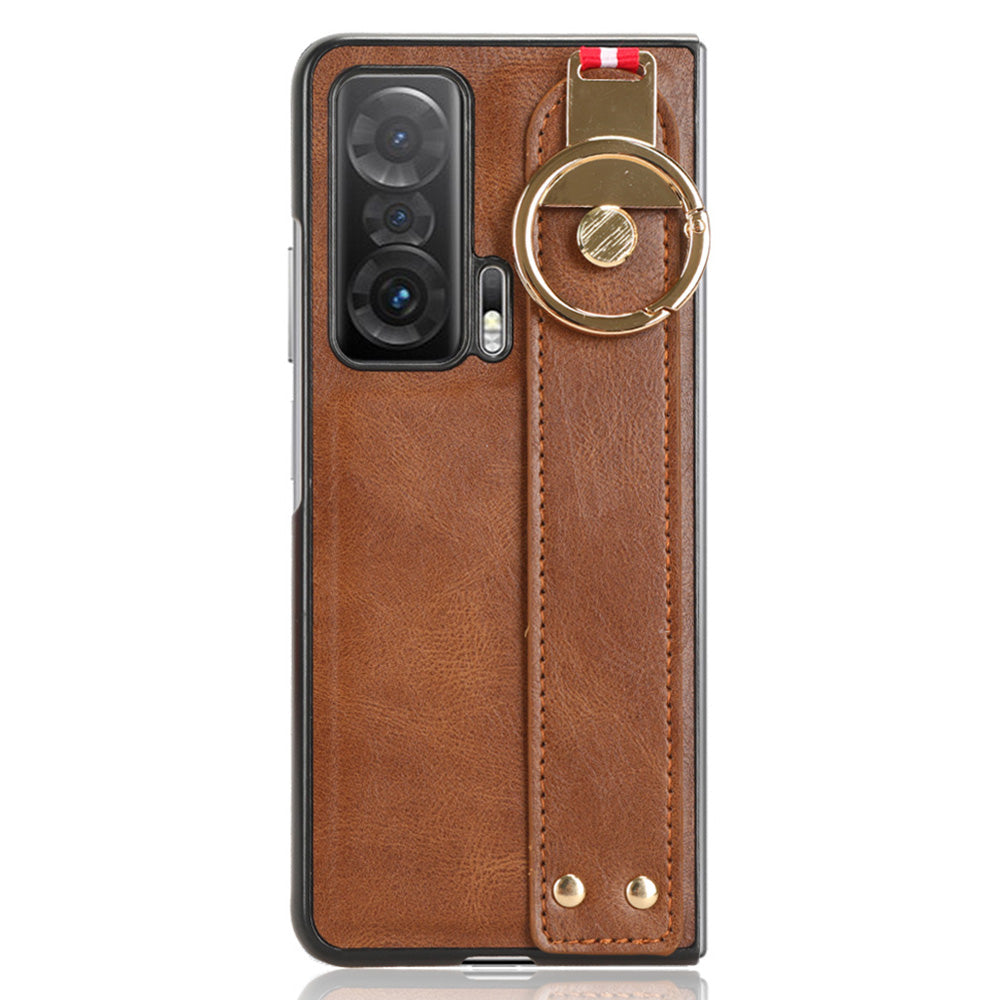 For Honor Magic V Wristband Phone Cover Leather Coating PC+TPU Case with Neck Strap