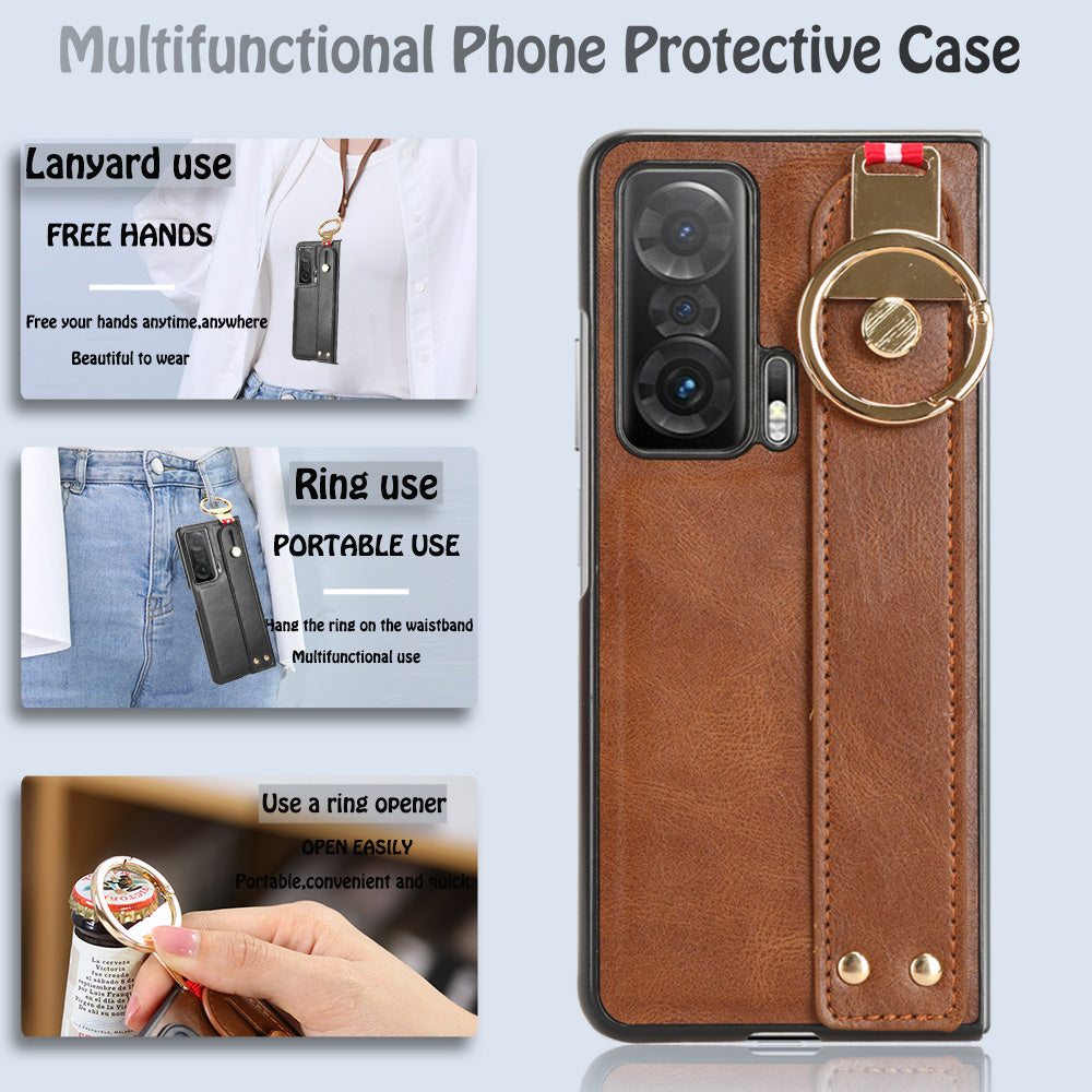 For Honor Magic V Wristband Phone Cover Leather Coating PC+TPU Case with Neck Strap