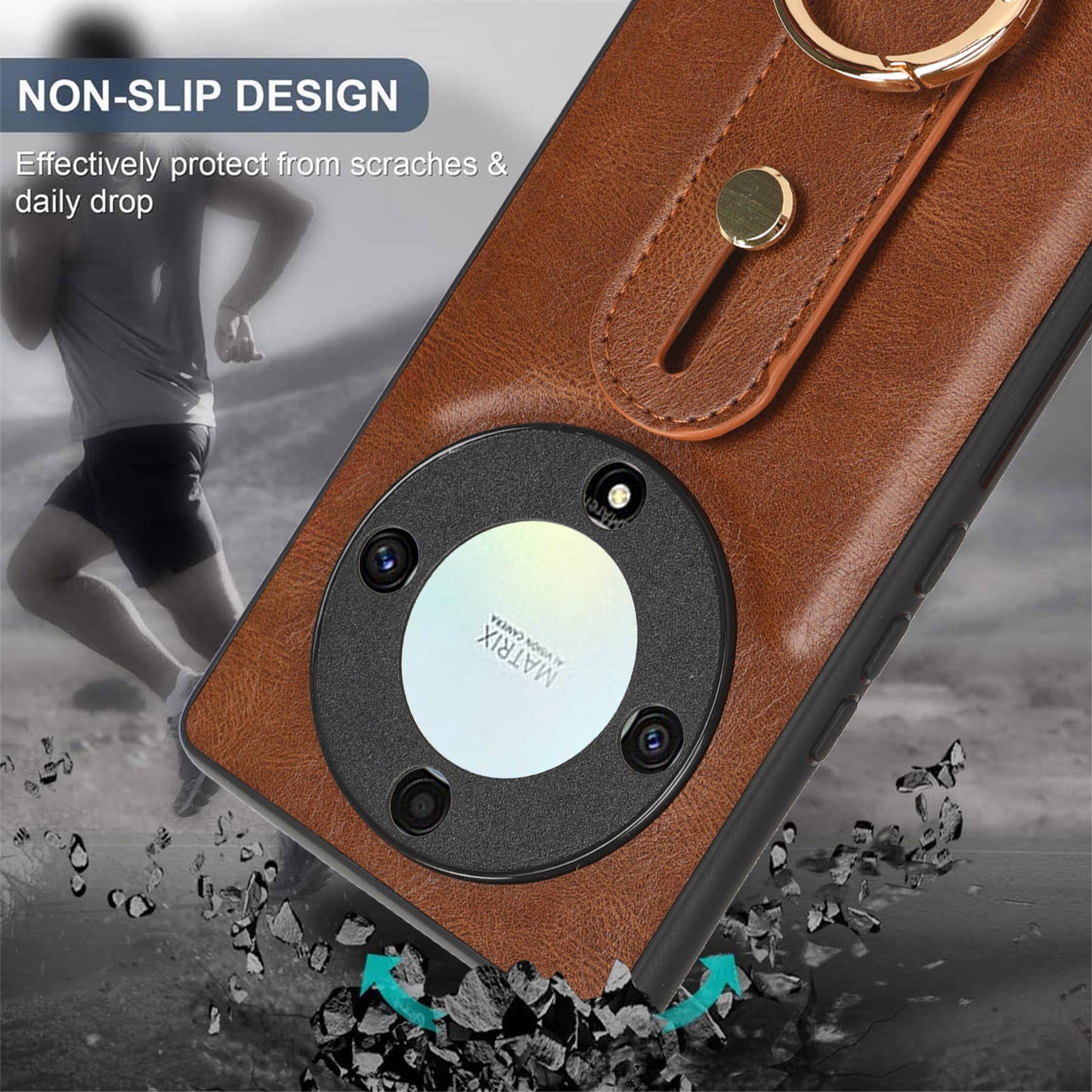 For Honor X9a 5G / Magic5 Lite 5G / X40 5G Leather Coated Phone Case Wristband Kickstand PC+TPU Protective Cover